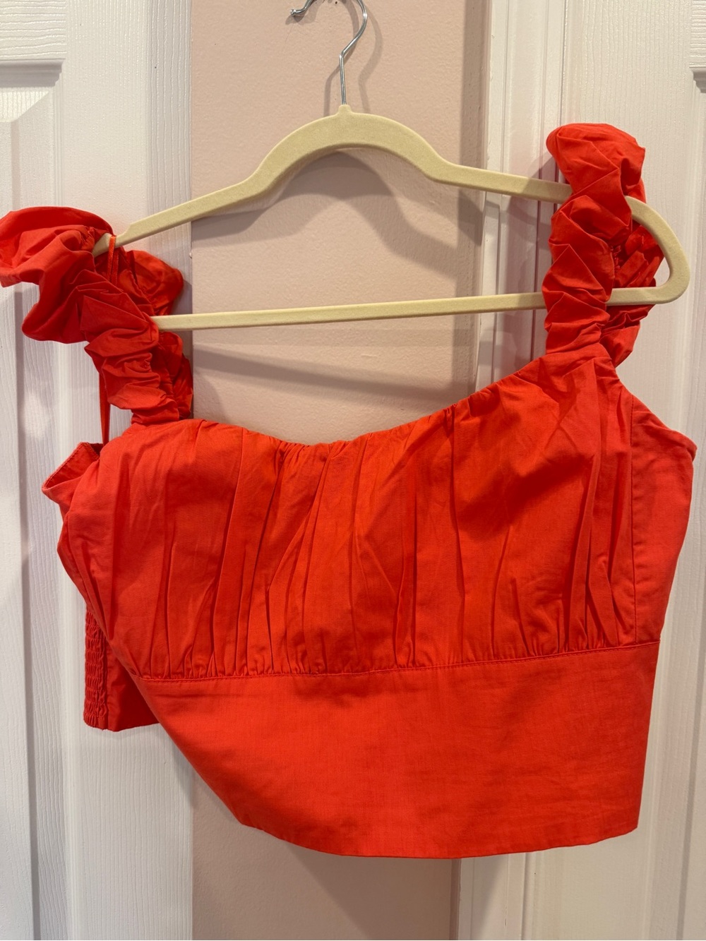 Abercrombie & Fitch Coral Red Ruffle-Shoulder Smocked Crop Top
